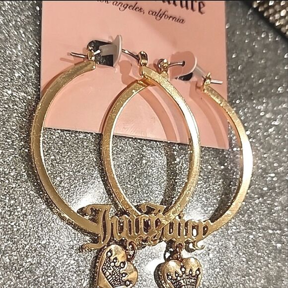 Juicy Couture Logo Drop Heart Crown Hoop Earrings - Picture 6 of 6